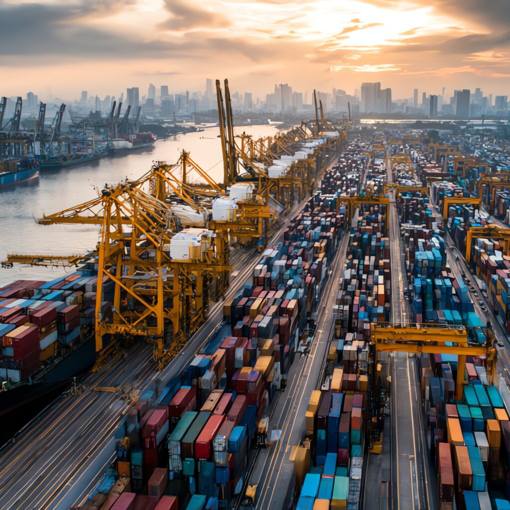 Vue aérienne d’un port logistique moderne, avec des conteneurs colorés, des grues de chargement et un coucher de soleil sur la ville.