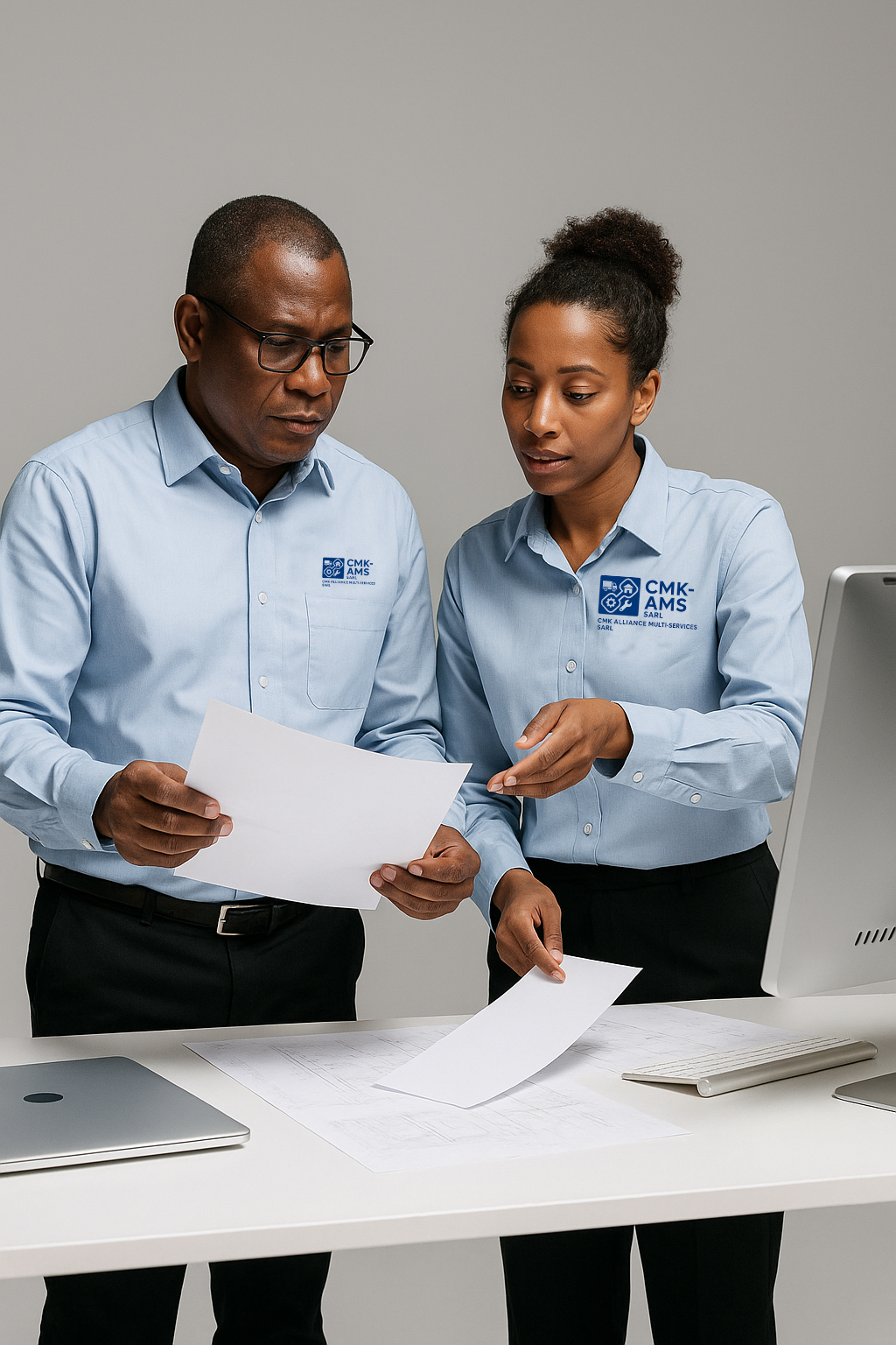 Deux collaborateurs de CMK-AMS SARL analysent des documents techniques dans un environnement de travail moderne. Vêtus de chemises professionnelles aux couleurs de l’entreprise, ils incarnent le sérieux, la rigueur et la collaboration au cœur des valeurs de CMK-AMS, spécialiste en prestations de services multisectorielles. Ensemble, ils examinent un projet pour assurer la qualité, la précision et l’efficacité des solutions proposées aux clients.
