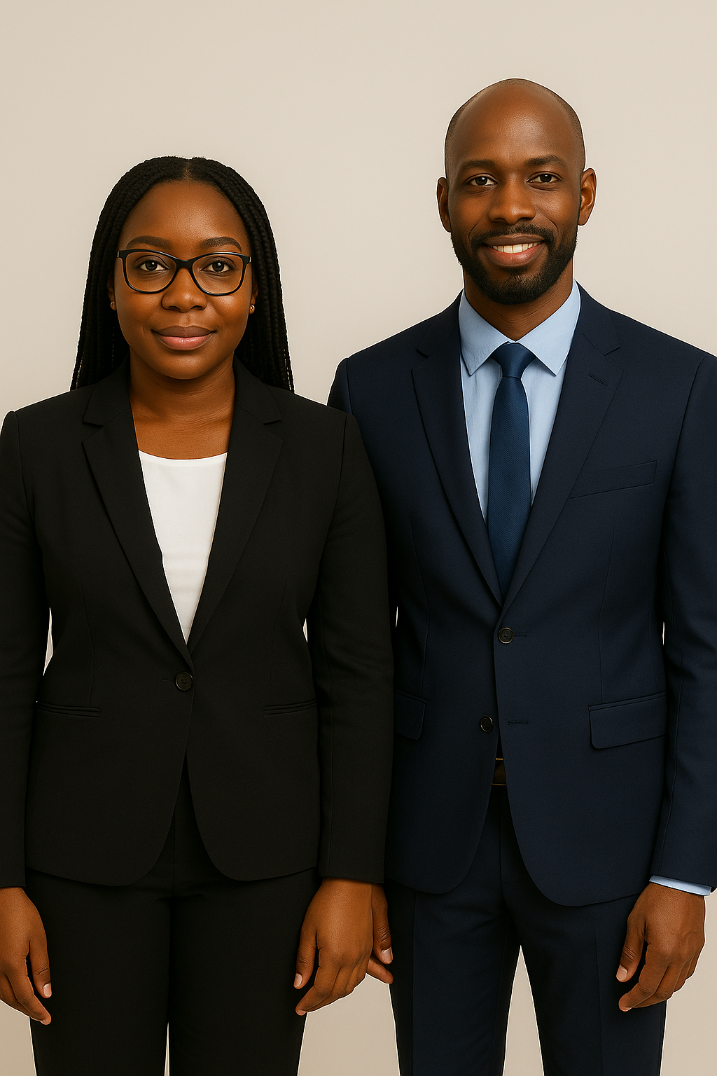 Deux experts de CMK-AMS SARL, posant en tenue professionnelle, représentant le professionnalisme et la rigueur de l’entreprise multiservices au Cameroun.