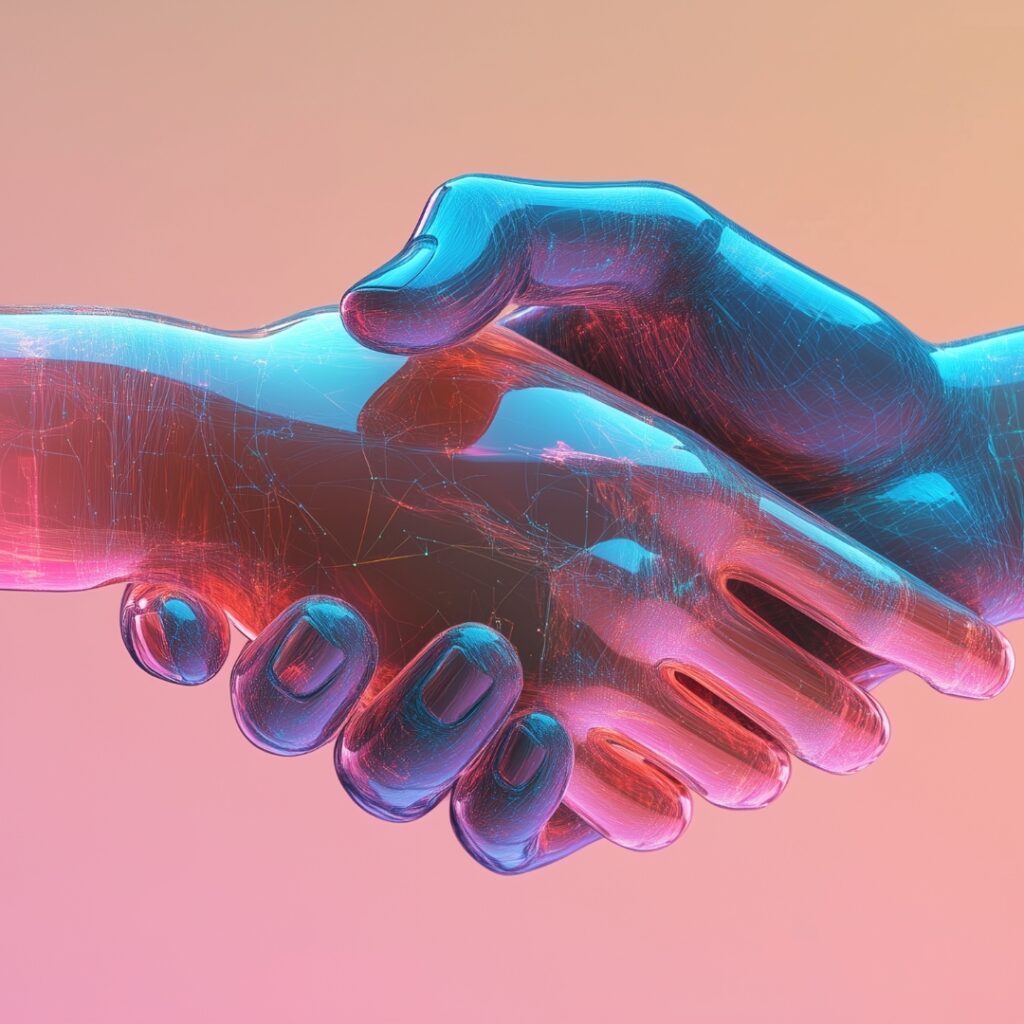 Innovation en marketing et communication digitale – CMK-AMS SARL. Poignée de main symbolisant la connexion entre technologie et créativité, représentant les solutions digitales innovantes proposées par CMK-AMS SARL pour renforcer la visibilité et la performance des entreprises.
