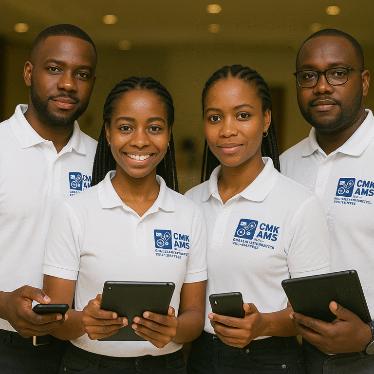 L’équipe digitale CMK-AMS SARL en pleine action, équipée d’outils numériques pour accompagner les entreprises dans leur transformation digitale.