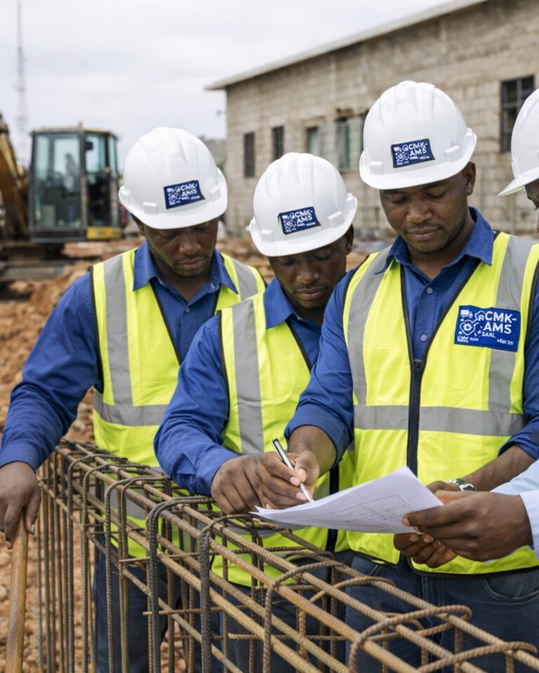 Professionnels du BTP de CMK-AMS SARL réunis sur un chantier en Afrique, étudiant des plans de construction et coordonnant les travaux de ferraillage, dans un environnement sécurisé avec équipements de protection, excavatrice et bâtiment en cours de réalisation.