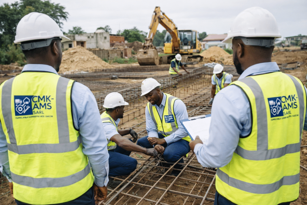 Professionnels du BTP de CMK-AMS SARL en pleine activité sur un chantier de construction en Afrique, analysant des plans et exécutant des travaux de ferraillage sous la supervision d’un responsable de chantier, avec pelleteuse et infrastructures en cours de réalisation.