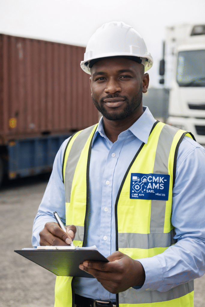 Responsable logistique de CMK-AMS SARL basé en Afrique, portant un gilet de sécurité et un casque de chantier avec le logo de l’entreprise, supervisant des opérations logistiques sur un site industriel.