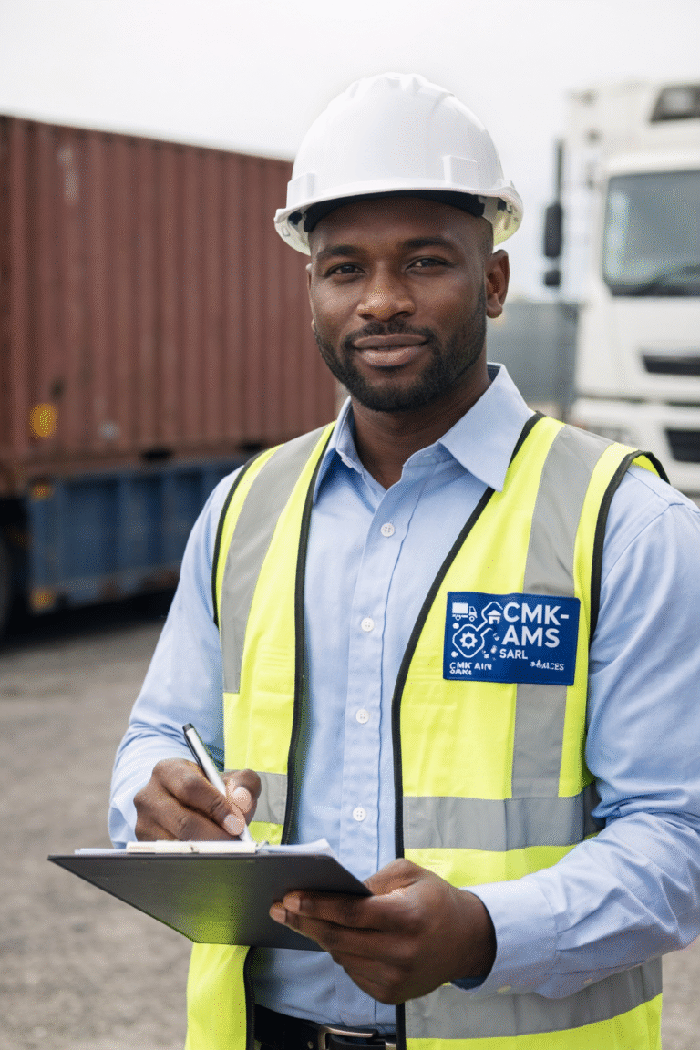 Responsable logistique de CMK-AMS SARL basé en Afrique, portant un gilet de sécurité et un casque de chantier avec le logo de l’entreprise, supervisant des opérations logistiques sur un site industriel.